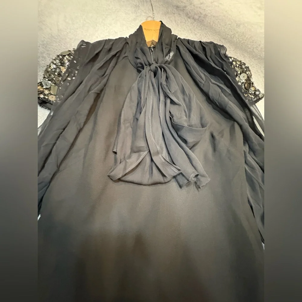 Badgley Mischka Black Crepe Chiffon Open Sleeve‎ Jeweled Bead Cuff Dress XS 0 2